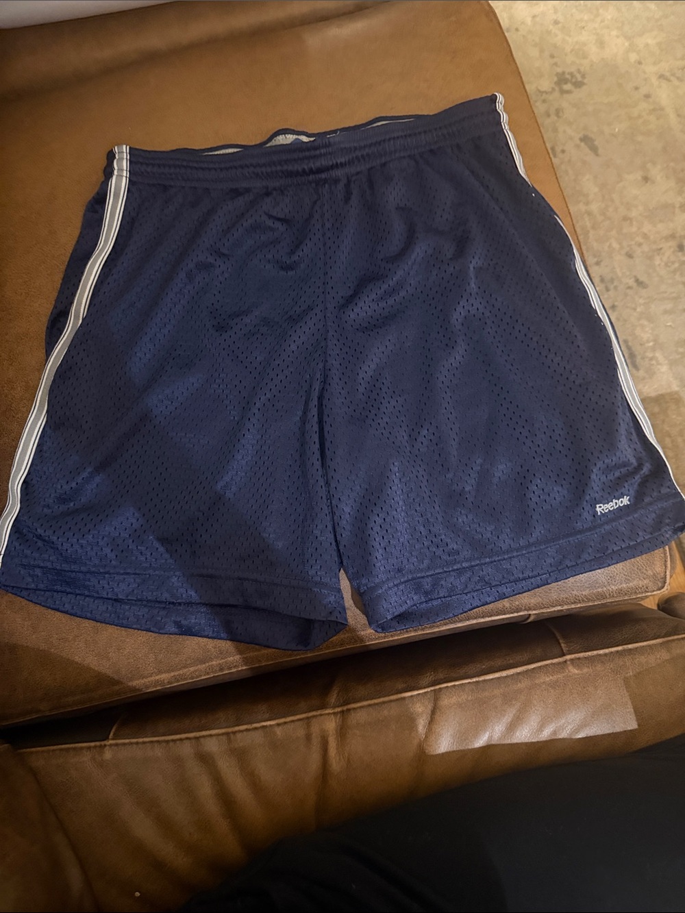 Reebok Navy Athletic Mesh Women’s Shorts with White Side Stripes